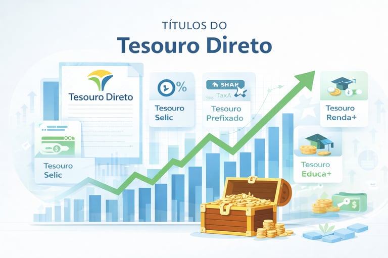 Infográfico sobre tipos de investimentos Tesouro Direto com gráficos de crescimento e ícones financeiros.