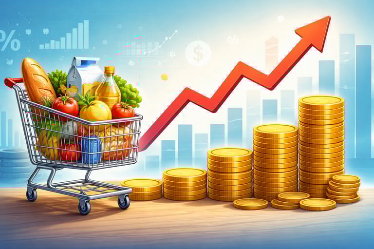 Carrinho de compras com alimentos ao lado de pilhas de moedas subindo e uma seta indicando inflação.