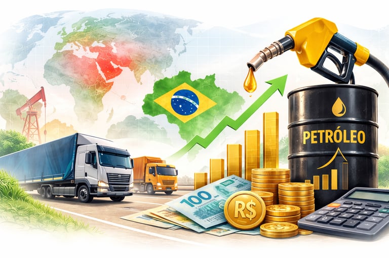 Ilustração mostrando aumento do preço do petróleo e impacto na gasolina