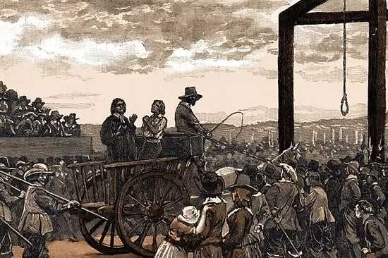 Historical illustration of a 17th-century public execution by hanging with a crowd gathered near the gallows.