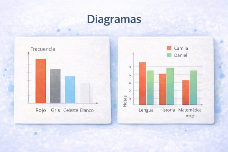 Dos diagramas de barras: frecuencias por color y comparación de notas entre dos estudiantes