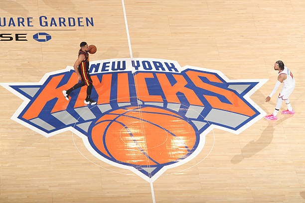 CJ McCollum & Jaylen Brunson during the Hawks and Knicks match-up in G1 (1st Round) of the 2026 NBA Playoffs in New York City