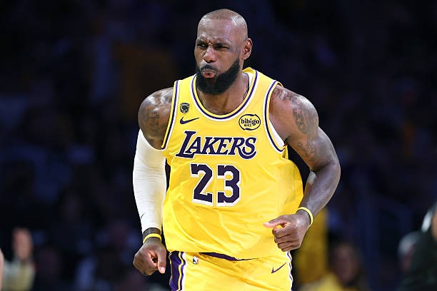 LeBron James celebrating during the Lakers game 1 victory over the Houston Rockets during the 2026 Playoffs (Los Angeles, CA)