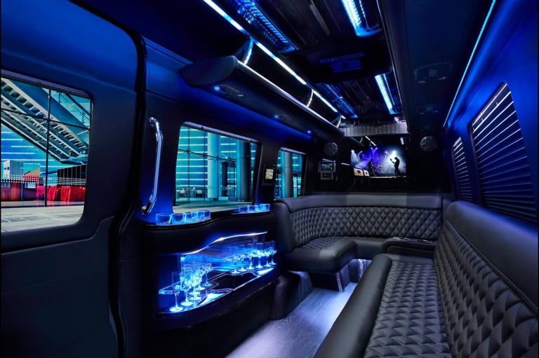 Lincoln Stretch Limo  interior with LED lights, tinted windows, Bluetooth etc in NJ NY, MA, CT.