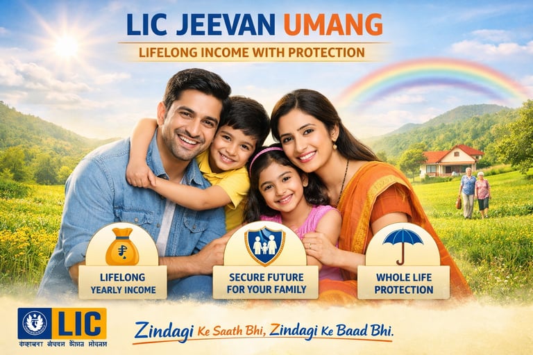 LIC Jeevan Umang showing a smiling family in a meadow with icons for yearly income