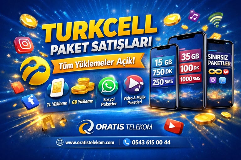 Turkcell paket satışları reklamı ile internet, dakika ve SMS yüklenebilir paket seçenekleri.