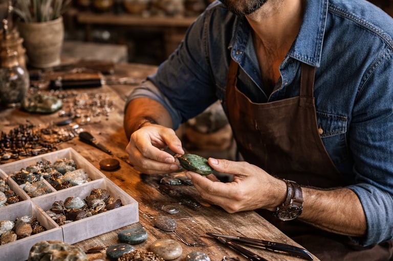Proceso de creación de joyería artesanal mexicana en taller, utilizando piedras naturales y técnicas hechas a mano.
