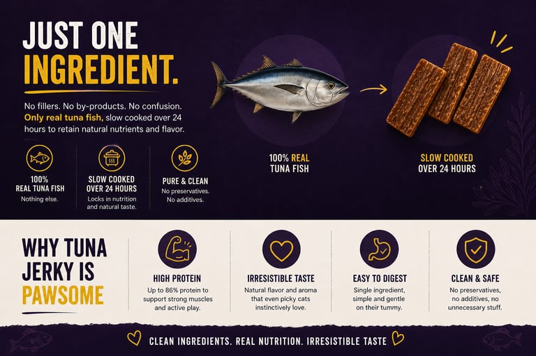 Infographic showing high-protein tuna jerky cat treats made with 100% real tuna fish and no fillers.