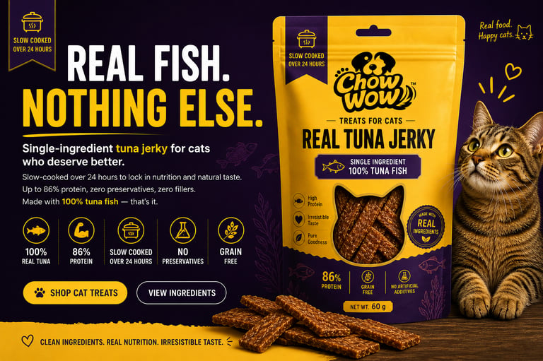 Chow Wow real tuna jerky cat treats bag with high protein grain free ingredients for healthy pets.