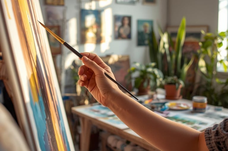hand holding paint brush and posed above easel