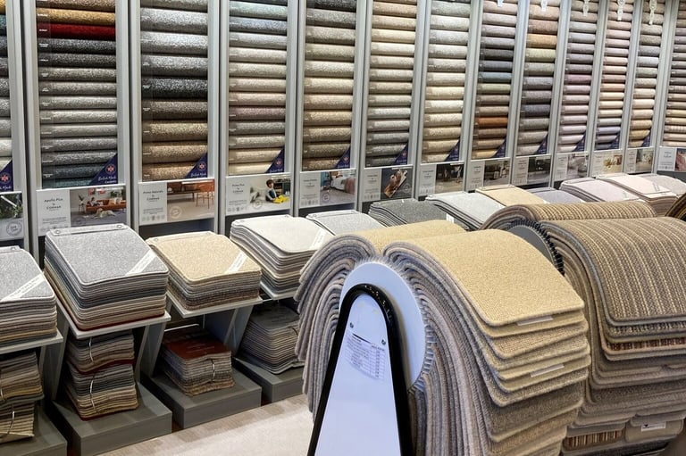 Showroom display featuring a wide variety of carpet samples and flooring textures in neutral tones.