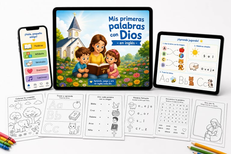 Childrens Christian educational app and printable Bible activity worksheets for learning English words.