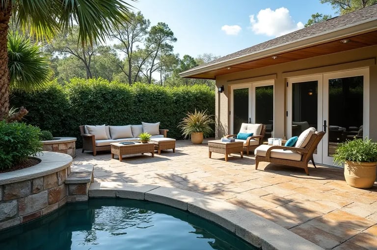 a concrete patio pool deck with a couch and chair 