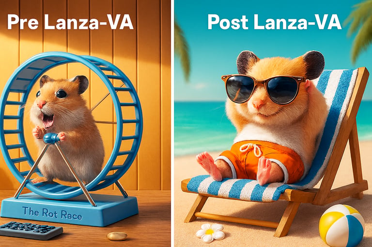 Hamster on a rat race wheel pre Lanza-VA, relaxing on a beach in sunglasses post Lanza-VA