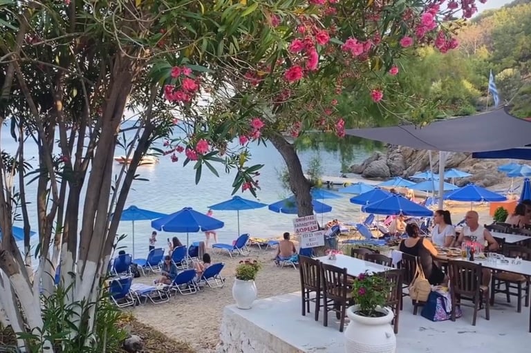 La taverne de la plage de Skala Ermogenis sur l'île grecque de Lesbos