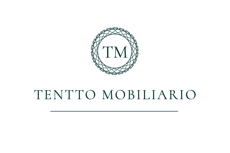 Tentto Mobiliario logo with TM monogram inside a circular teal geometric emblem on a black background.