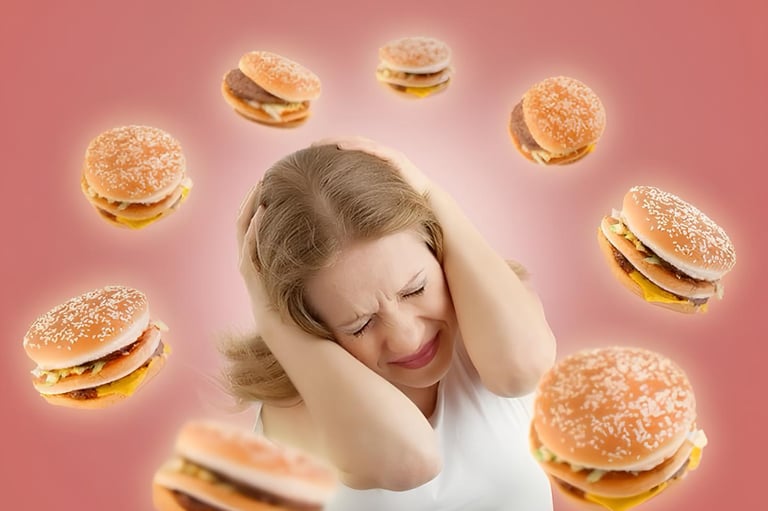  Mulher tapando os ouvidos cercada por hambúrgueres, simbolizando desejo por fast-food.