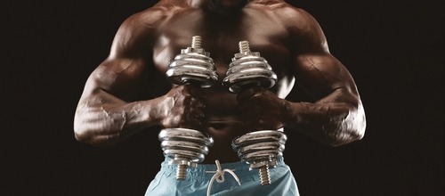 Muscular male bodybuilder lifting silver chrome dumbbells for strength training.