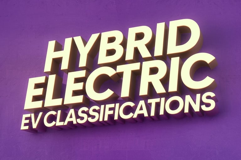 A vibrant purple background with bold, 3D golden text that reads 'Hybrid Electric EV Classifications