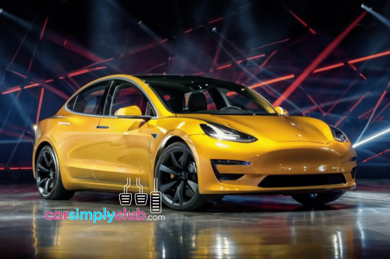 a yellow tesla model 3 electric car on display at the tesla plant