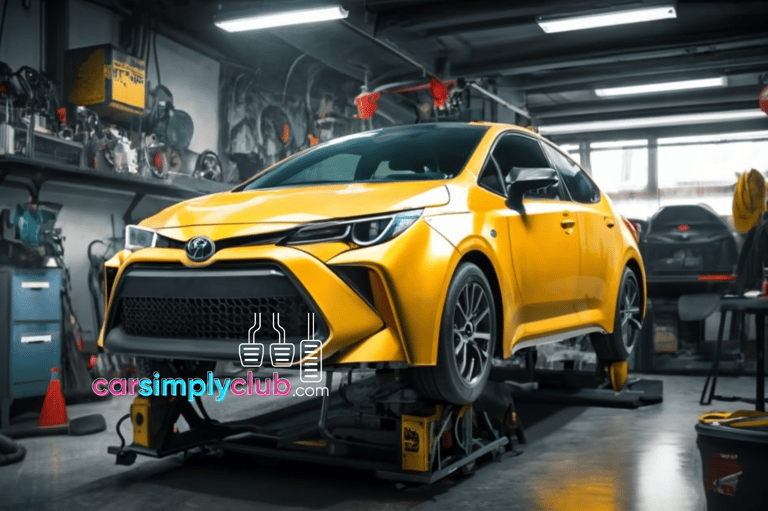 a yellow toyota car is shown on a lift in a garage in this image