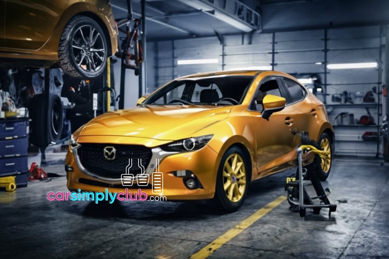 a mazda car in a garage with a man working on a car
