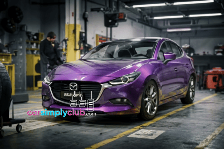 a purple mazda at dealerhip mechanic
