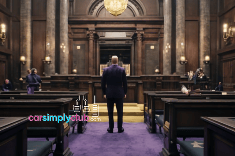 a man in a suit and tie standing in a courtroom
