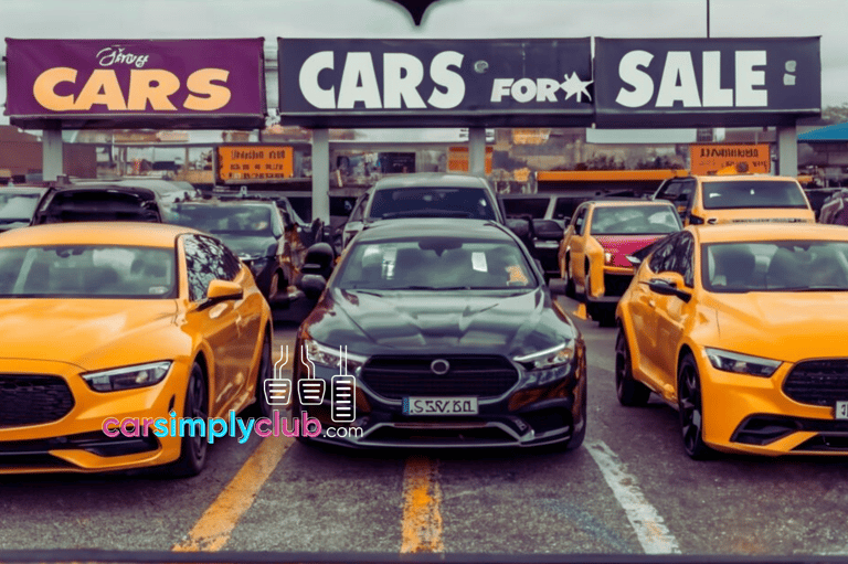 a car dealership with a lot of cars parked in front of a store
