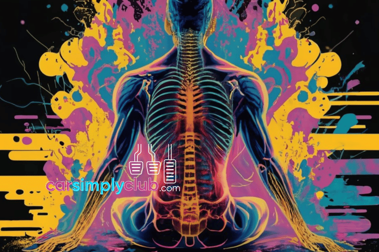 a sitting human body "x-ray" style with a skeleton accentuating the spine