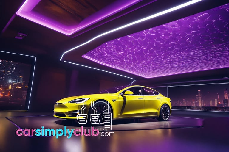 a yellow tesla is shown in a showroom