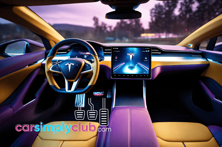 a tesla car dashboard with a steering wheel and dashboard