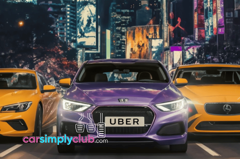 a purple and yellow uber car on the road in a cityscape