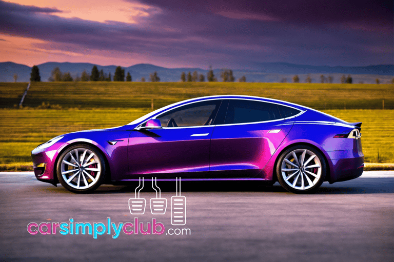 E.V: a purple and blue tesla model s parked in a parking lot