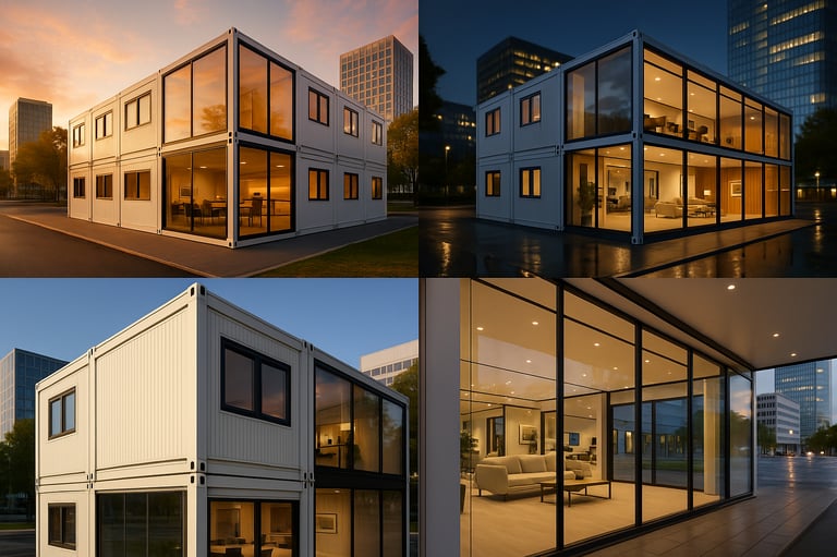 a series of four different views of a building