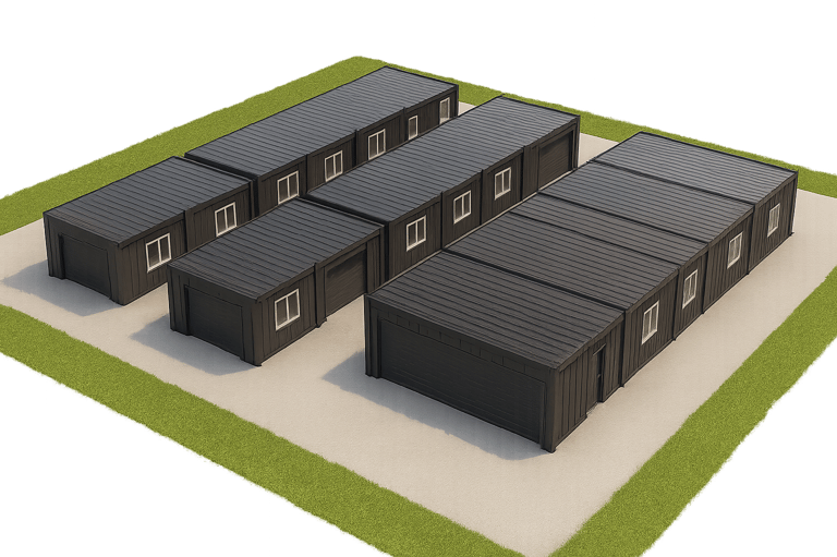 a group of three story buildings with black metal roofs