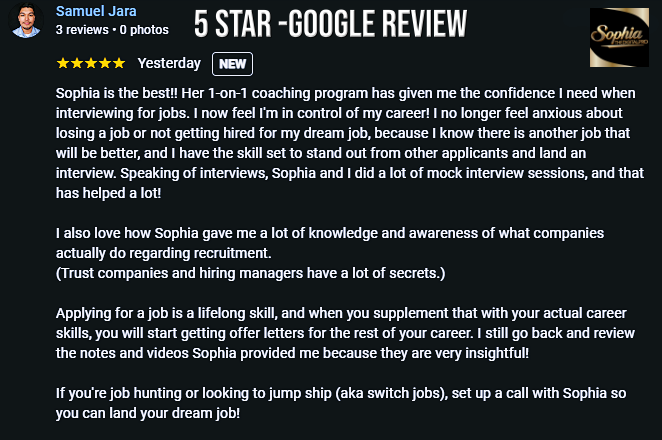 5-star Google review for SophiaTheDigitalPro’s Interview Like a CEO™ coaching program — career coach