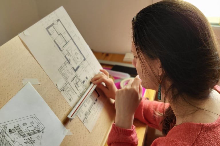 a woman is sitting at a desk with a drawing of a house