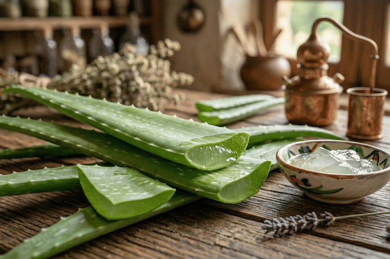 Hojas de Aloe Vera cortadas revelando el cristal puro sobre mesa de madera rústica para la curaduría de S&B El Artesanal.