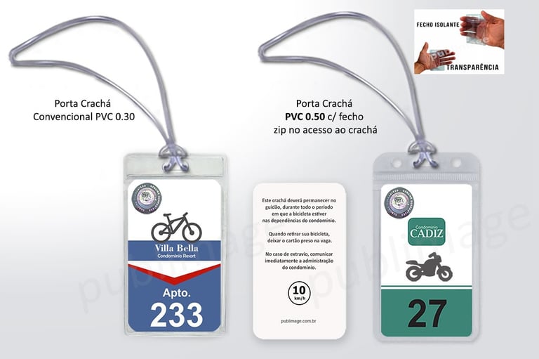 Crachá para identificar Bicicletas ou Motos. Porta crachá + resistente com fecho zip