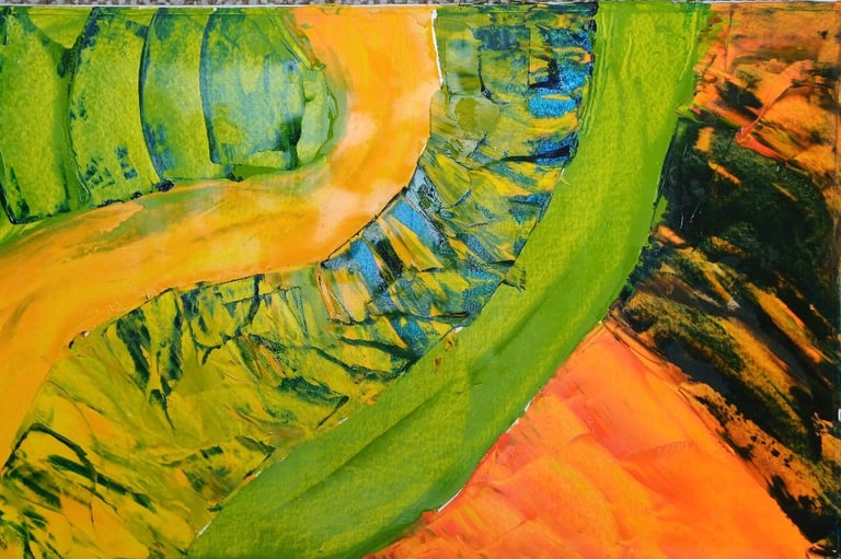 Dinosaur — curved green and orange forms suggesting prehistoric face and scales, acrylic, by Zanda