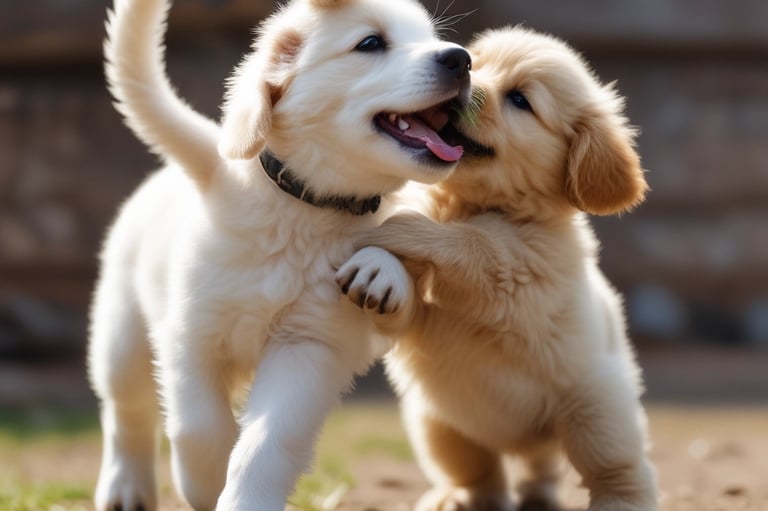two puppies are playing with each other