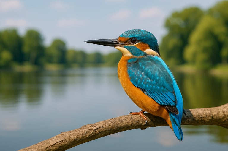 Colorful bird perched on branch near water — symbolizing selling stock photos and videos as a passive income stream