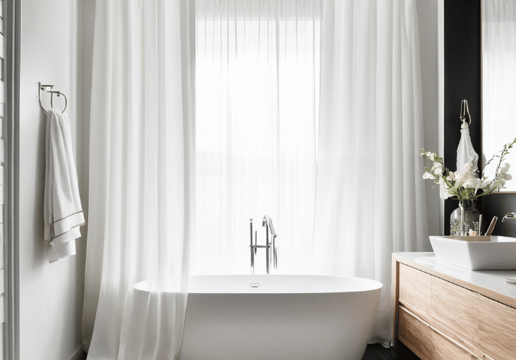 Baltos užuolaidos vonioje