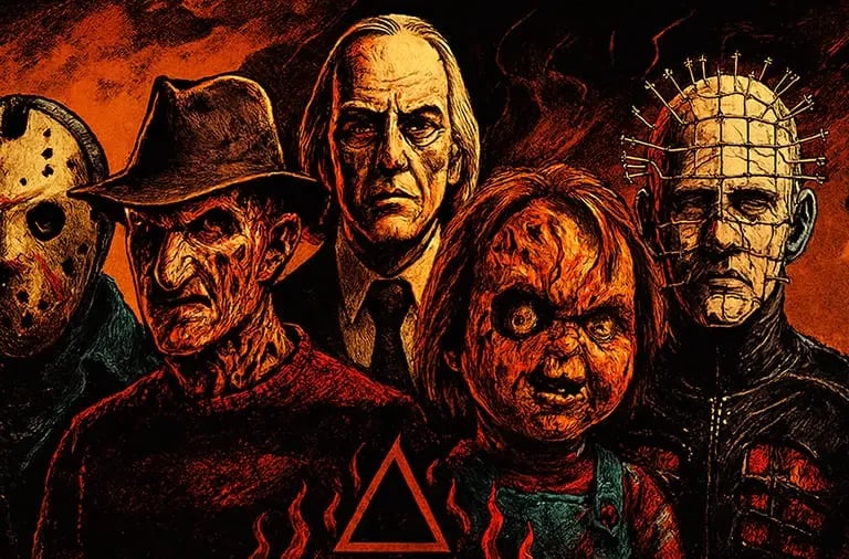 Five classic horror icons—Jason, Freddy, Pinhead, Chucky, and the Tall Man—in a fiery occult scene.