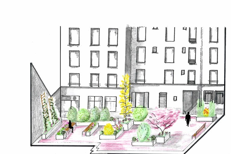 Vue axonometrique cour d'immeuble avec des jardinières et des bancs et des plantes grimpantes