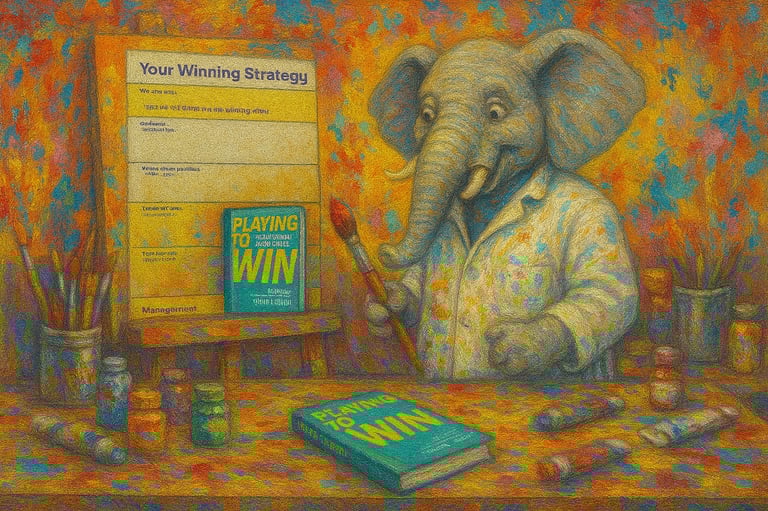 Comic style anthropomorphic elephant at artists easel displaying the book Playing to Win 