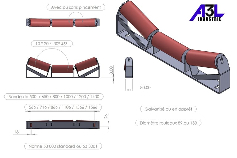 Station support bandes transporteuses caoutchouc en auge
