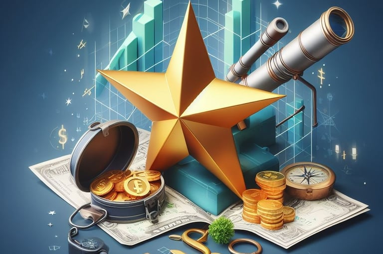 various ocean related items that represent business success - a star, a telescope, charts, a compass
