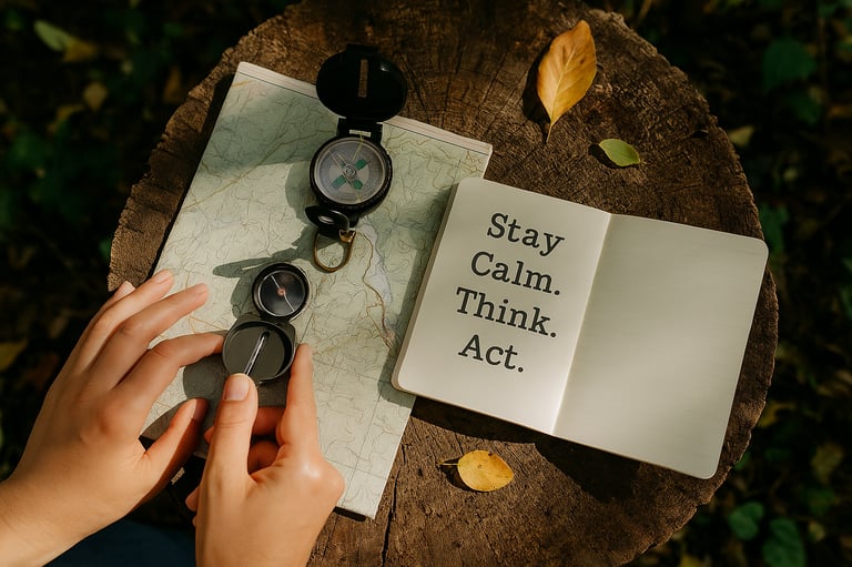 Compass notebook and leaf on tree stump with survival reminder to stay calm and navigate safely in the wilderness
